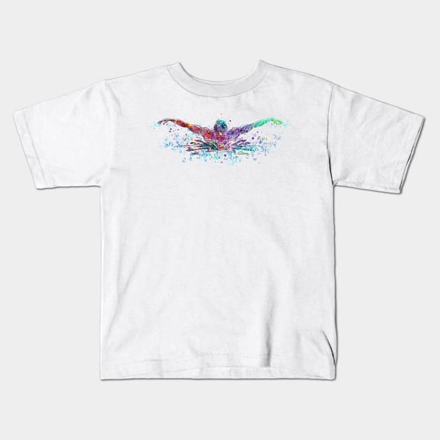 Boy Swimming Butterfly Stroke Watercolor Sport Gift Kids T-Shirt by LotusGifts